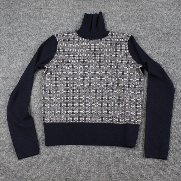 Tory Burch Sweater Medium Turtleneck Chain Link Wool Blend Navy Luxury Winter - Picture 2 of 12